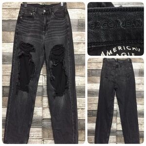 American Eagle Baggy Jeans Women 4 Reg Black Distressed Destroyed (Inseam 30.5)